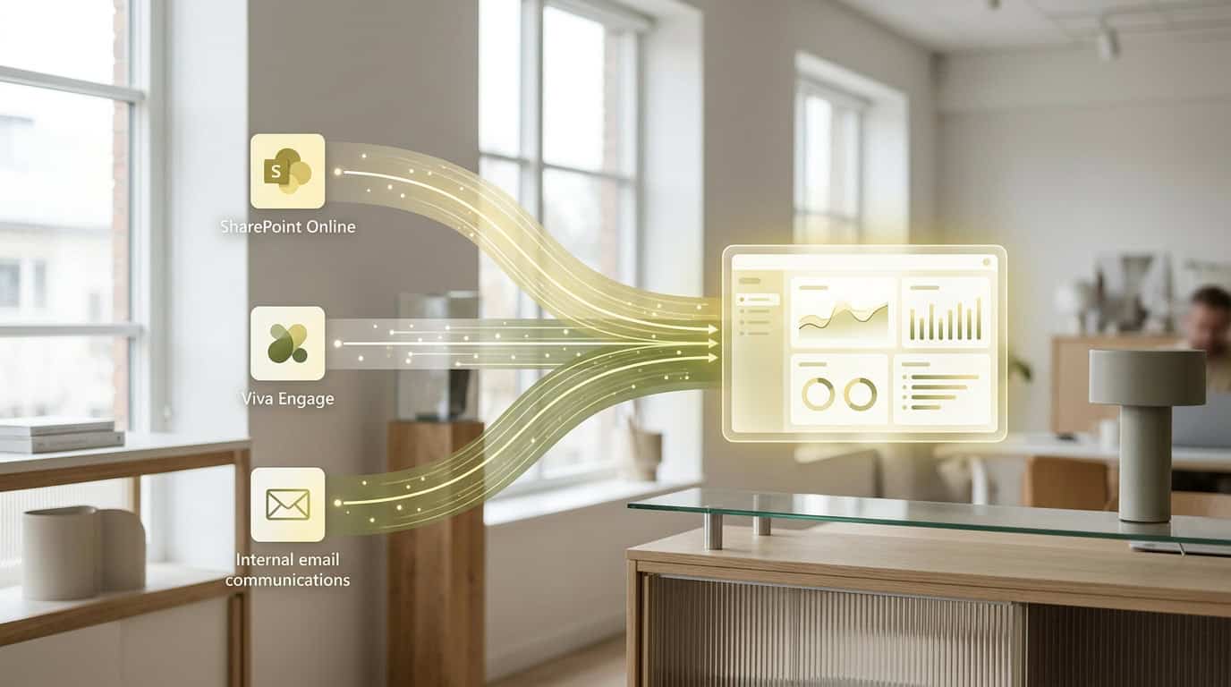 Diagram showing cross-channel data aggregation from SharePoint Online, Viva Engage, and internal email into one centralized Tryane dashboard. · AI-generated