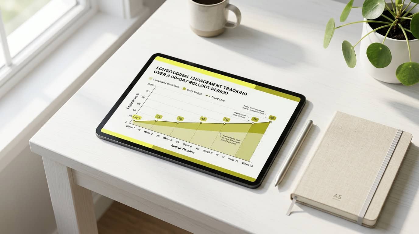 Diagram of longitudinal engagement tracking over a 90-day rollout period showing consistent data baselines. · AI-generated