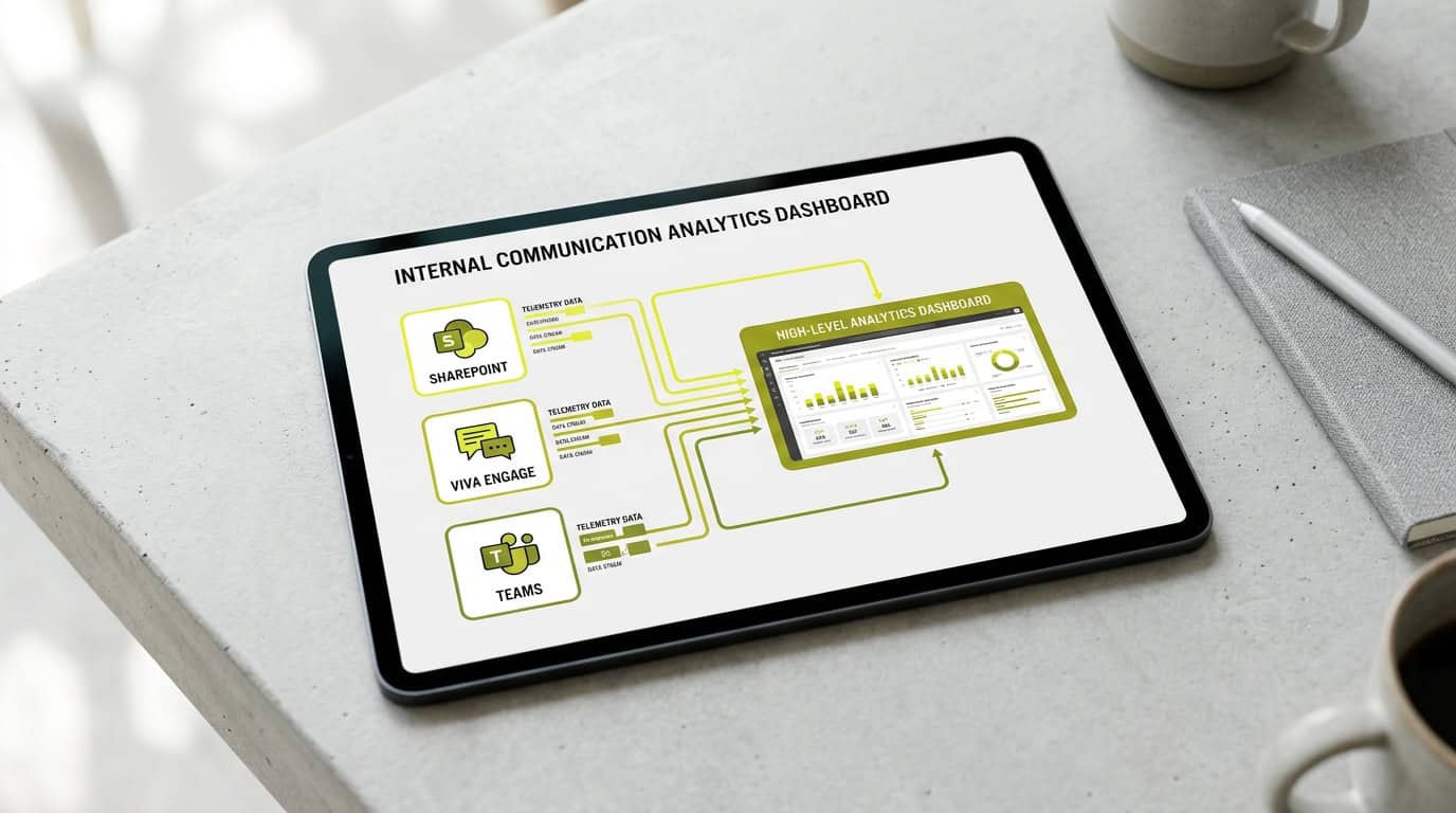 Diagram illustrating multi-channel telemetry from SharePoint, Viva Engage, and Teams flowing into a unified communication analytics dashboard. · AI-generated