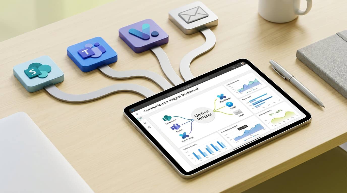 Diagram showing cross-channel data aggregation from SharePoint, Viva Engage, Teams, and email into a unified Communication Insights dashboard · AI-generated
