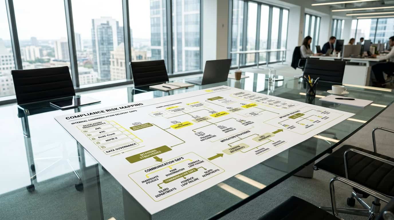 Diagram mapping financial compliance risks against internal communication delivery gaps · AI-generated