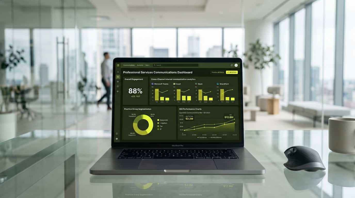 A professional services dashboard displaying cross-channel internal communication analytics, segmented by practice groups and highlighting ROI metrics. · AI-generated