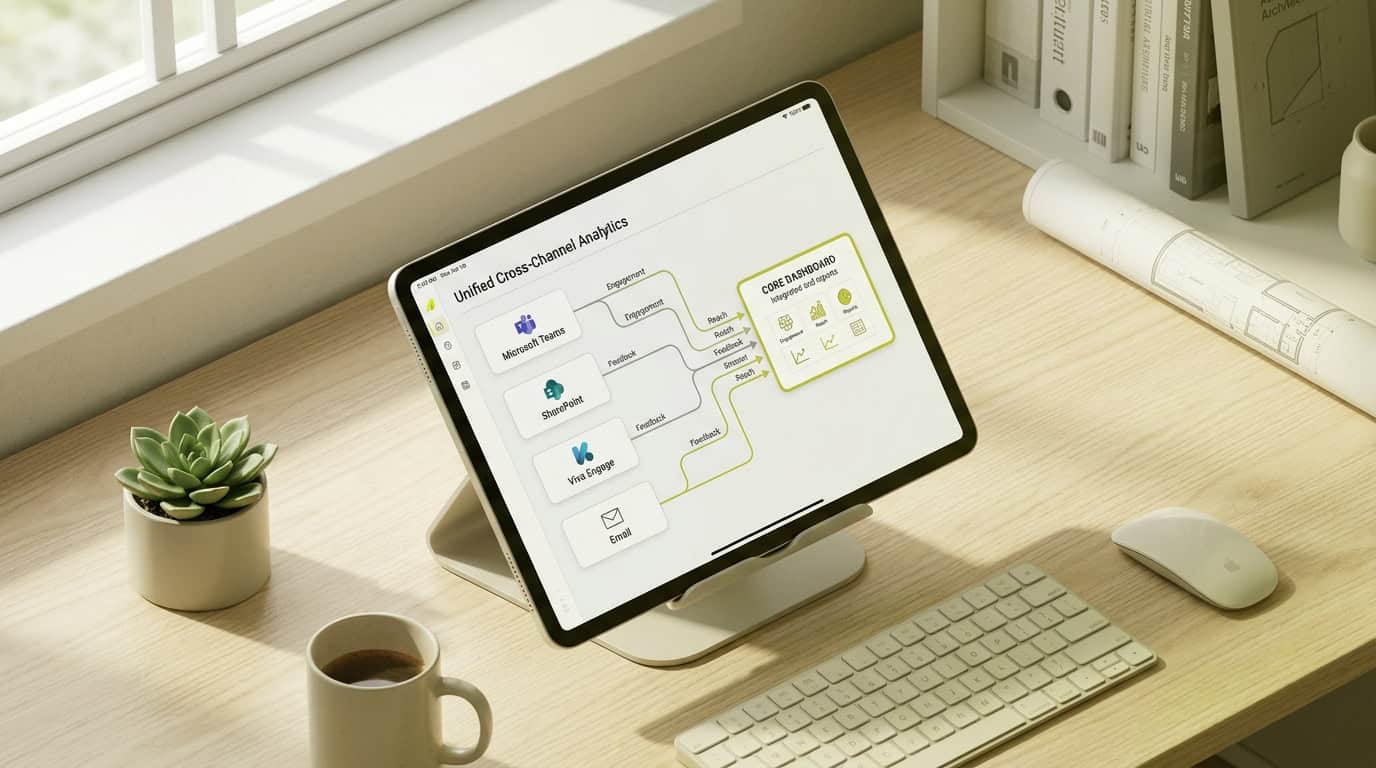 Diagram showing unified cross-channel analytics consolidating data from SharePoint, Viva Engage, Microsoft Teams, and email into a single dashboard platform · AI-generated