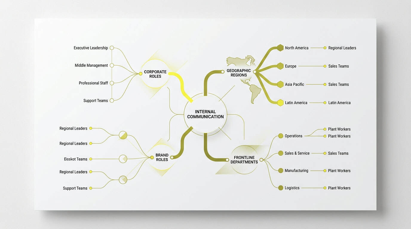 Diagram showing internal communication audience segmentation filtered by corporate role, geographic region, and frontline department · AI-generated