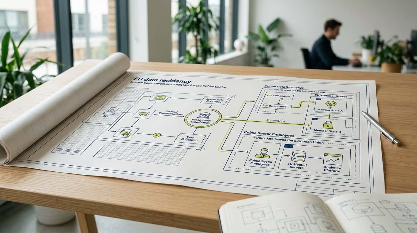 Diagram illustrating EU data residency and ISO 27001 security architecture for public sector communications analytics · AI-generated