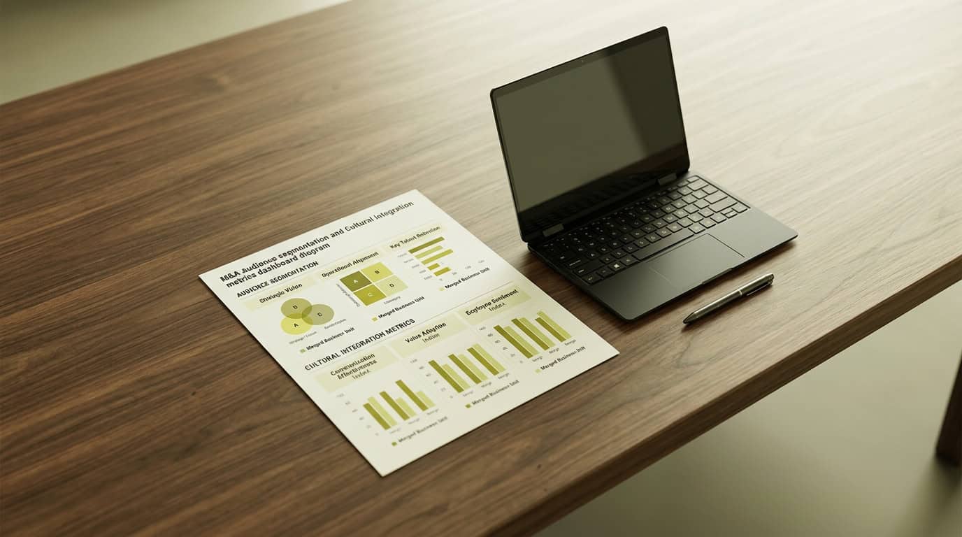 Dashboard diagram showing M&A audience segmentation and cultural integration metrics across merged business units · AI-generated