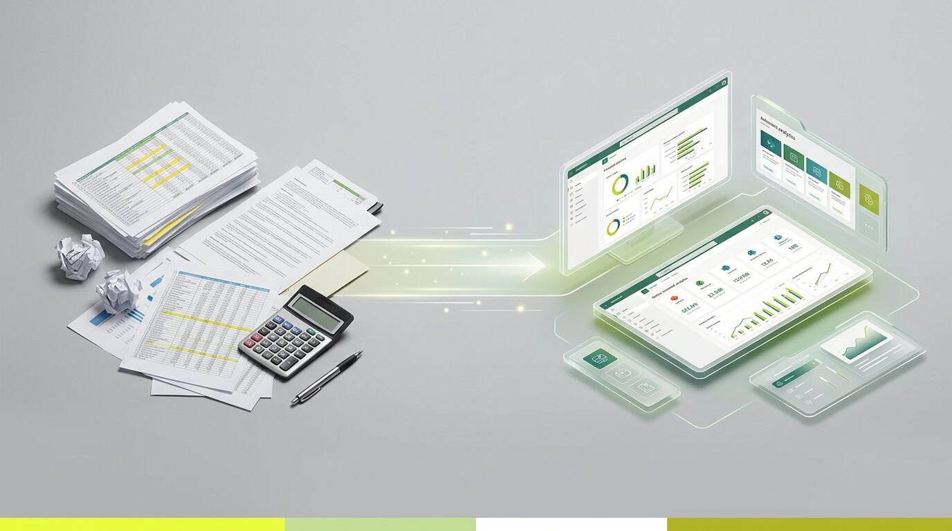 Diagram showing the evolution from manual Excel reporting to automated cross-channel internal communication analytics. · AI-generated