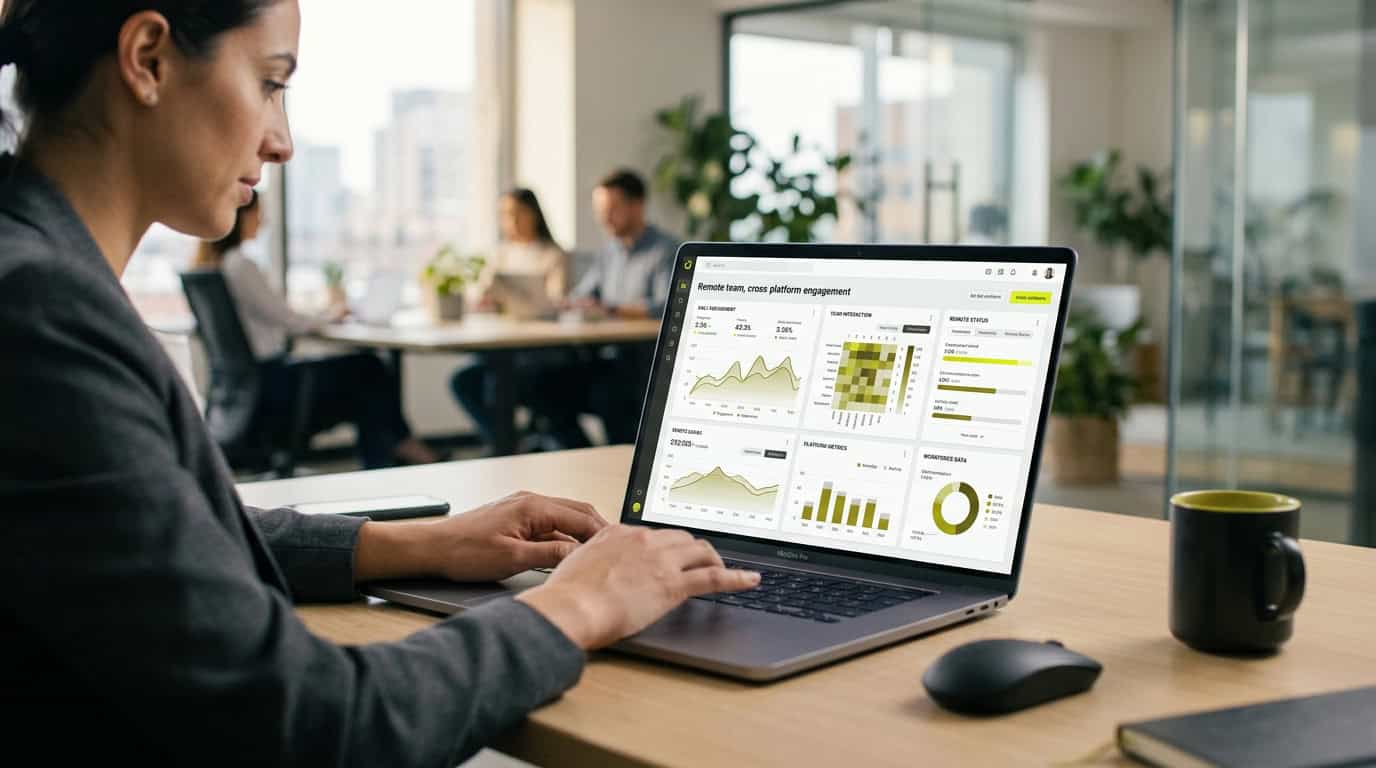 Dashboard showing Microsoft SharePoint analytics for remote employee engagement, including cross-channel reach, HRIS segmentation, and ROI metrics. · Généré par IA