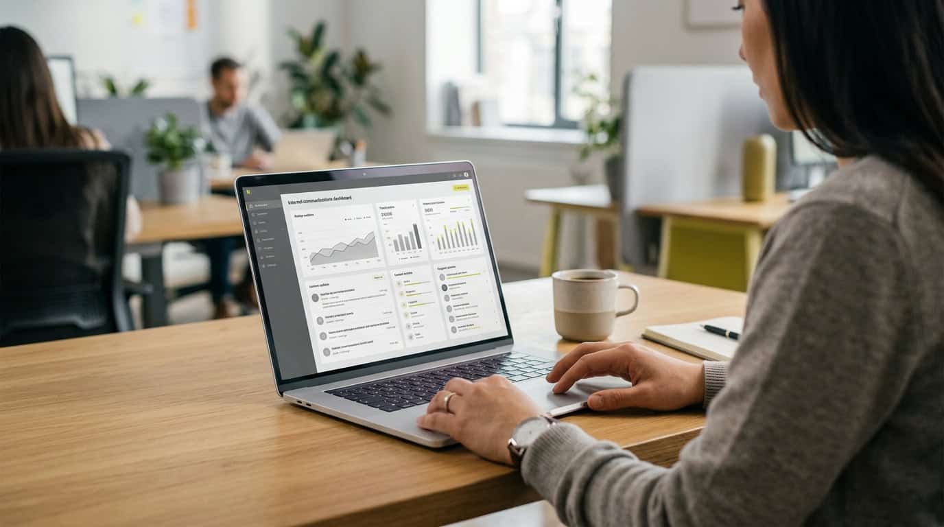 A professional internal communications dashboard on a modern laptop, displaying AI-driven engagement metrics and automated content generation tools. · Généré par IA