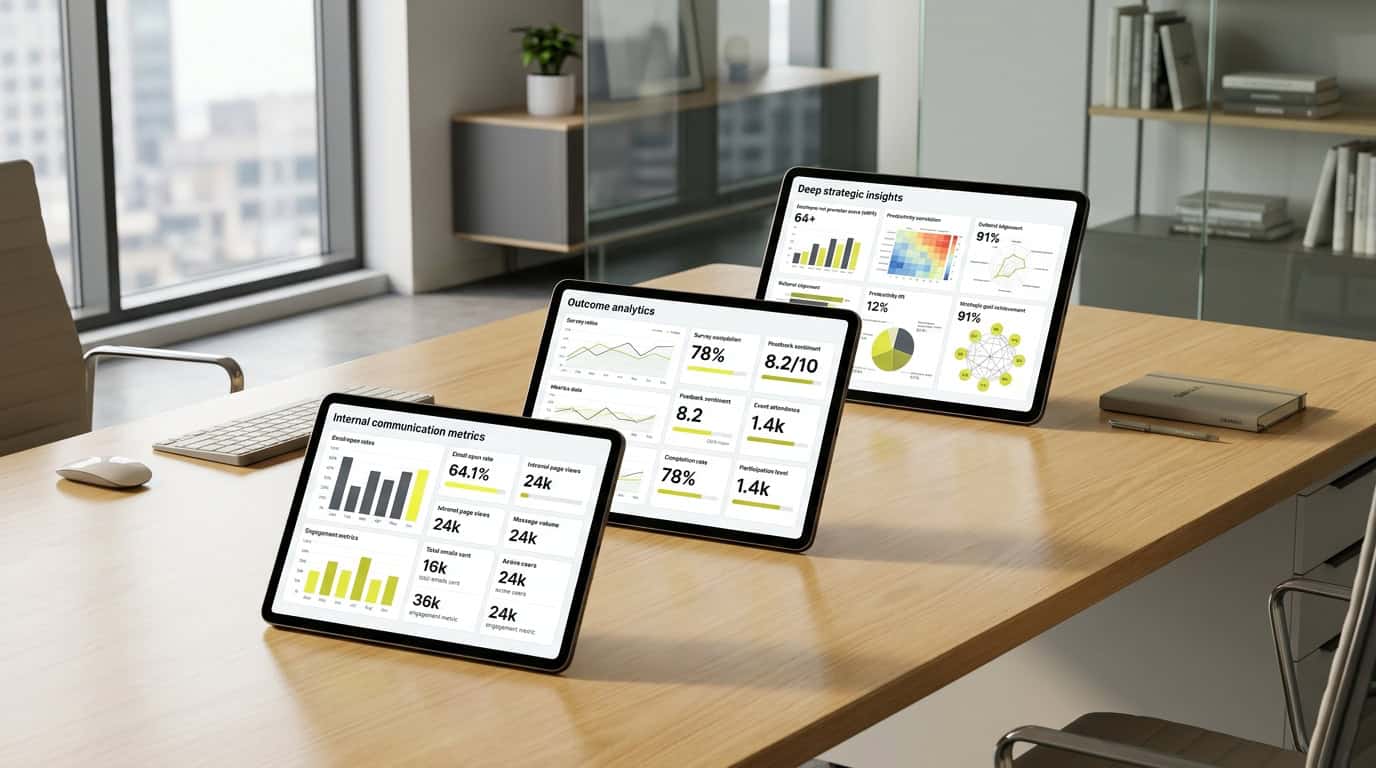 A strategic dashboard showing three distinct layers of internal communication metrics, progressing from basic output data to advanced impact analytics. · AI-generated