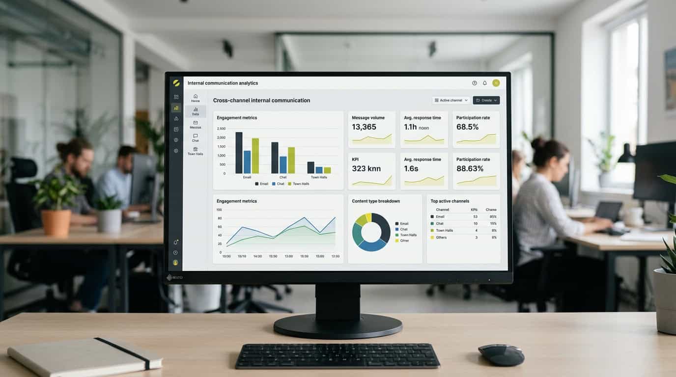 A professional dashboard displaying cross-channel internal communication analytics, highlighting data-driven decisions and employee engagement metrics on a screen. · Généré par IA