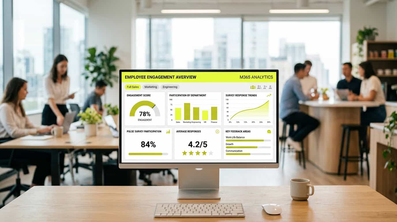 Tableau de bord affichant les KPIs de l'engagement des collaborateurs sur la suite Microsoft 365 · Généré par IA