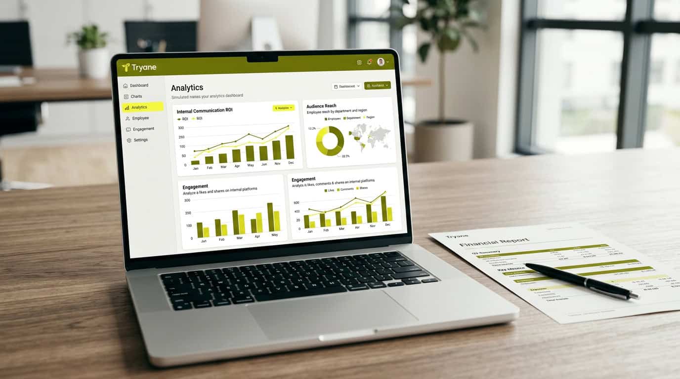 A Tryane analytics dashboard displaying internal communication ROI metrics, audience reach, and engagement data for a financial budget review. · Généré par IA