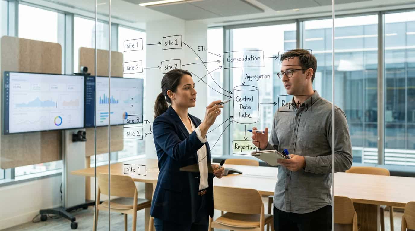 Schéma de gouvernance des métriques distinguant la source de vérité pour les sites individuels et la consolidation transversale multi-sites · Généré par IA