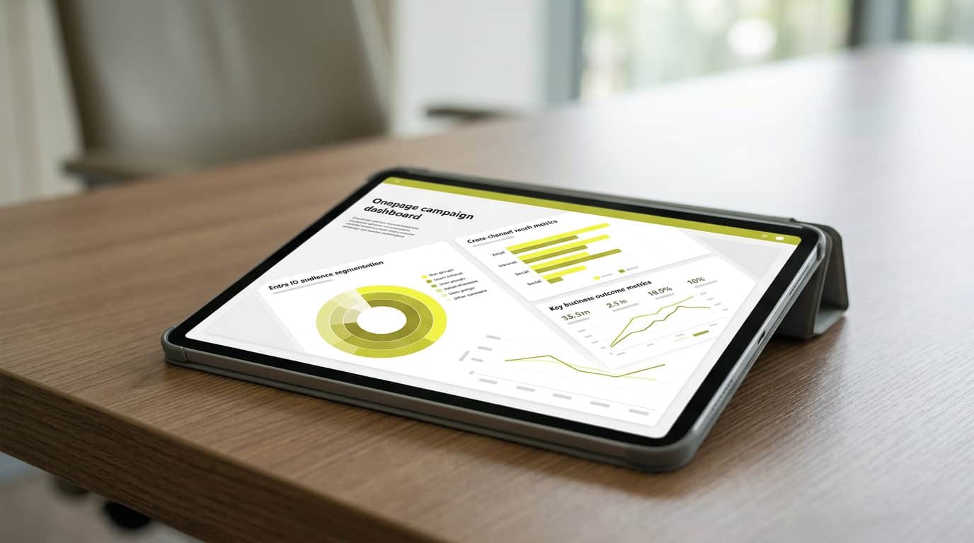 Executive one-page internal campaign dashboard showing cross-channel reach, Entra ID audience segmentation, and business outcome metrics · Généré par IA