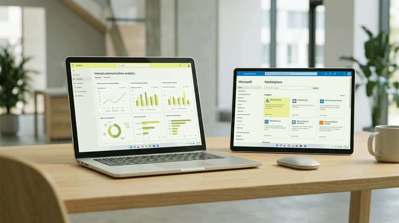 A professional internal communications dashboard displayed alongside the Microsoft Azure Marketplace logo, highlighting streamlined software procurement. · Généré par IA
