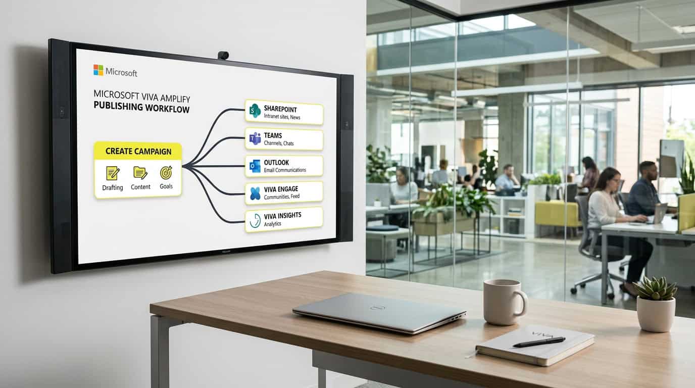Diagram of Microsoft Viva Amplify publishing architecture showing central campaign management distributing to SharePoint, Teams, Outlook, and Viva Engage · AI-generated