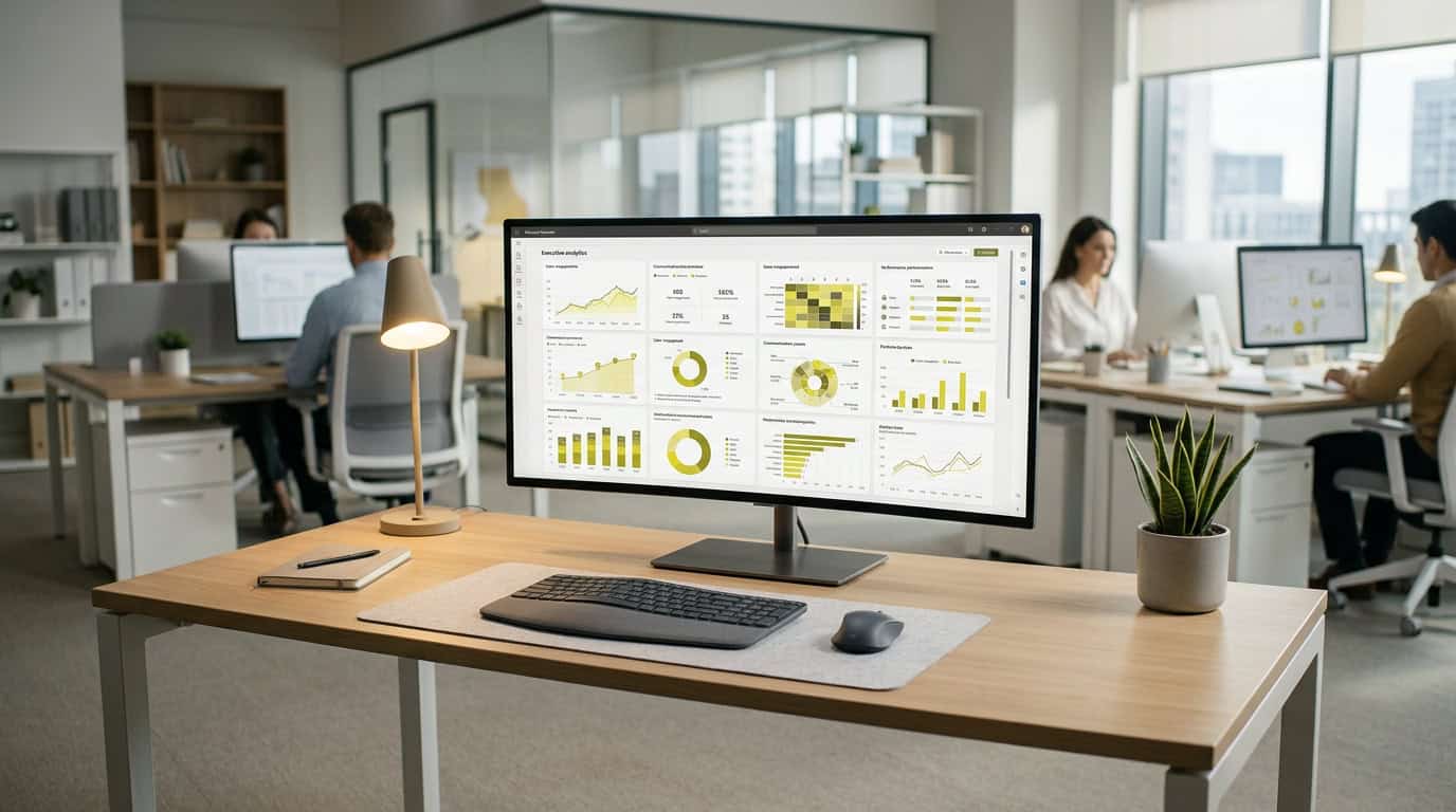 A unified digital dashboard displaying Microsoft Viva and Tryane analytics metrics for internal communication. · Généré par IA