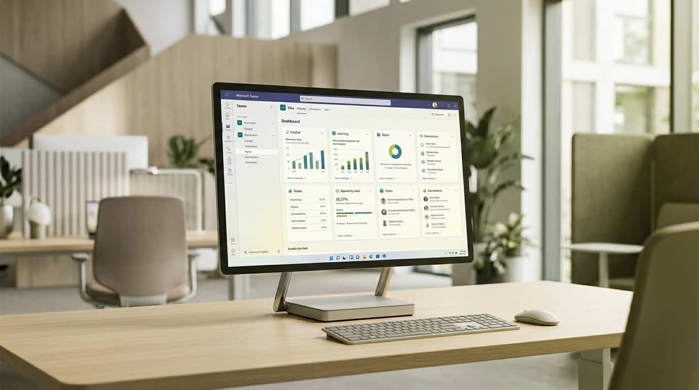A unified digital dashboard illustrating Microsoft Viva modules integrated within Microsoft Teams. · Généré par IA