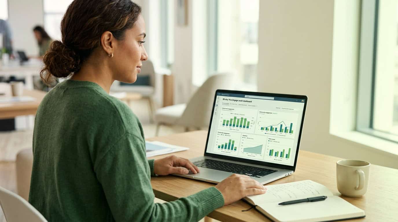 An internal communications professional reviewing a 90-day Viva Engage audit dashboard with community engagement metrics on a laptop screen. · Généré par IA