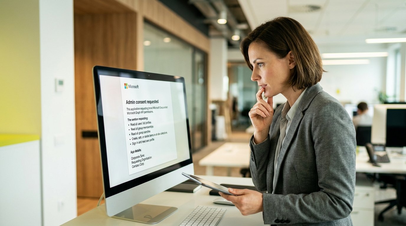 A Digital Workplace IT manager reviewing a Microsoft Entra admin consent prompt listing an application's requested Graph permissions on a monitor.