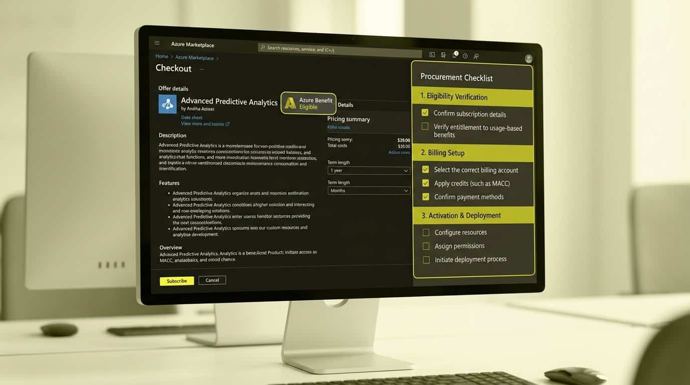 Azure portal marketplace checkout screen showing an Azure benefit eligible badge on an analytics offer, with a procurement checklist of eligibility, billing and activation steps beside it