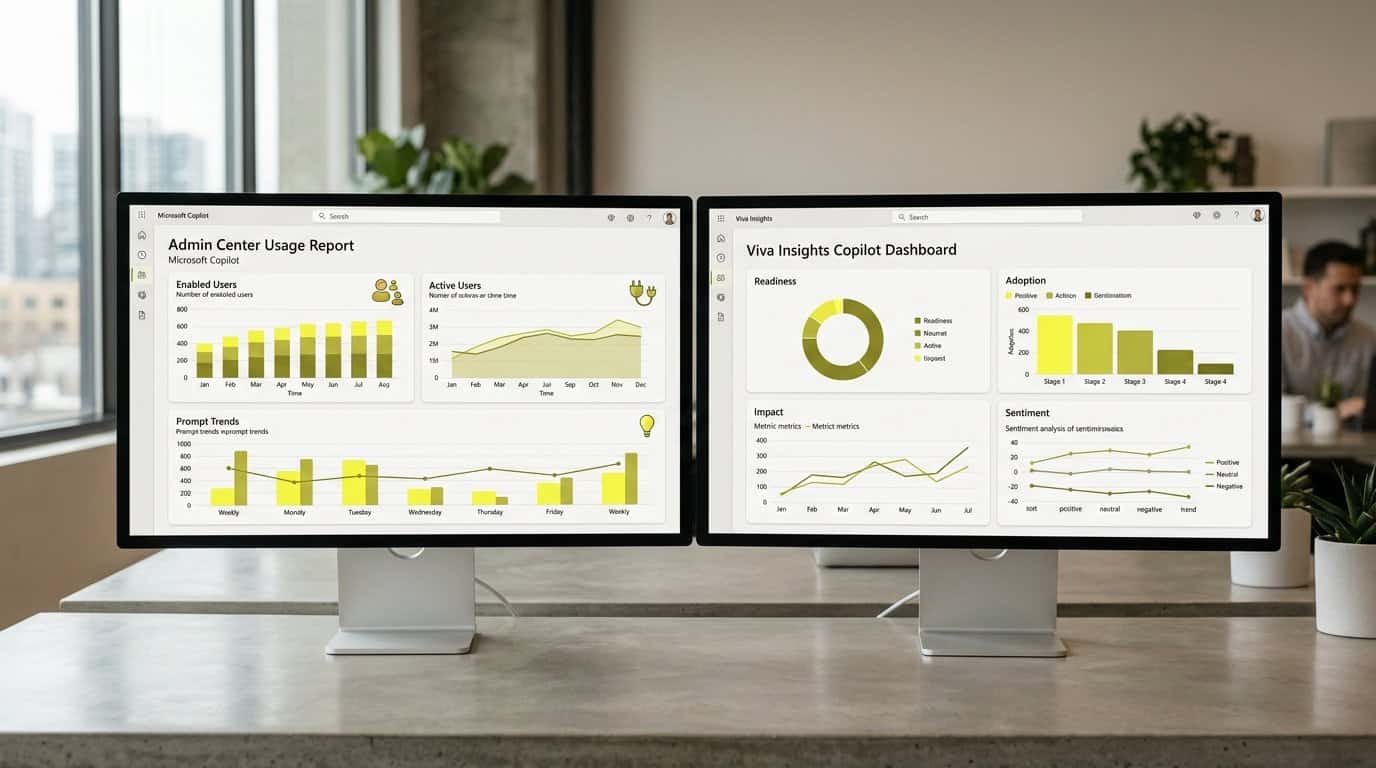 Two side-by-side analytics screens comparing Microsoft Copilot measurement: an admin center usage report with enabled users, active users and prompt trends, and a Viva Insights Copilot Dashboard with readiness, adoption, impact and sentiment charts