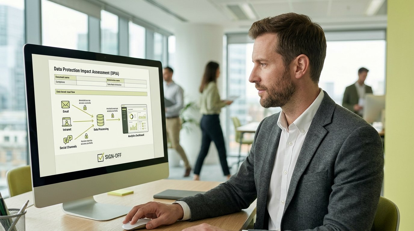A Digital Workplace manager reviewing a DPIA template on a screen, with a simple diagram of data flowing from email, intranet and social channels into an analytics dashboard, annotated with access controls and a sign-off checkbox.