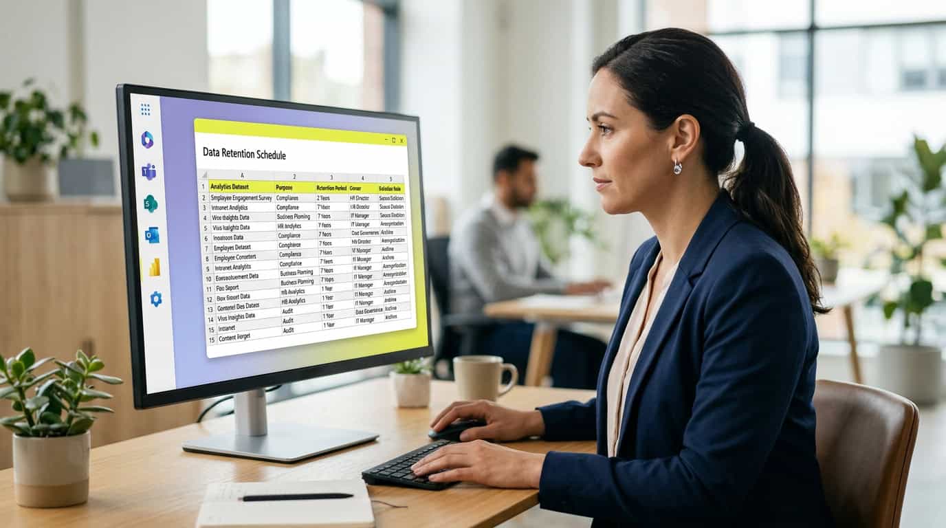 A digital workplace manager reviewing a data retention schedule table that maps analytics datasets to purposes, retention periods, owners and deletion rules, on a screen beside Microsoft 365 channel icons. · AI-generated