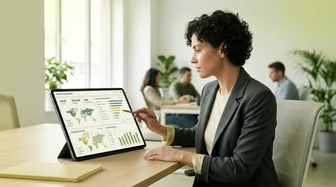A communications professional reviewing a dashboard that maps message types to channels such as email, intranet, chat and face-to-face, with reach figures shown per department and country.