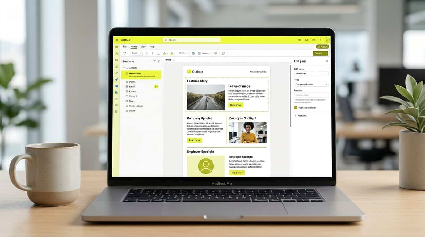 Illustration of the Outlook Newsletters module in the new Outlook showing a structured newsletter edition with titled sections, images and a publish button