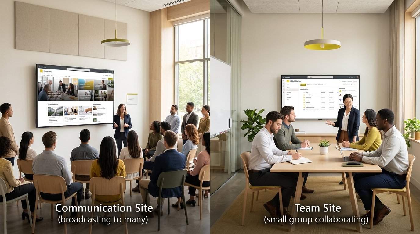 Two SharePoint site structures side by side: a communication site broadcasting news to many readers, and a team site with a small group collaborating on files.