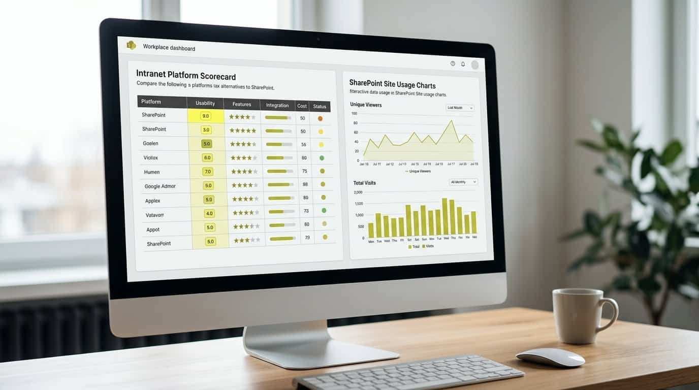 A digital workplace dashboard showing an intranet platform scorecard beside SharePoint site usage charts of unique viewers and visits