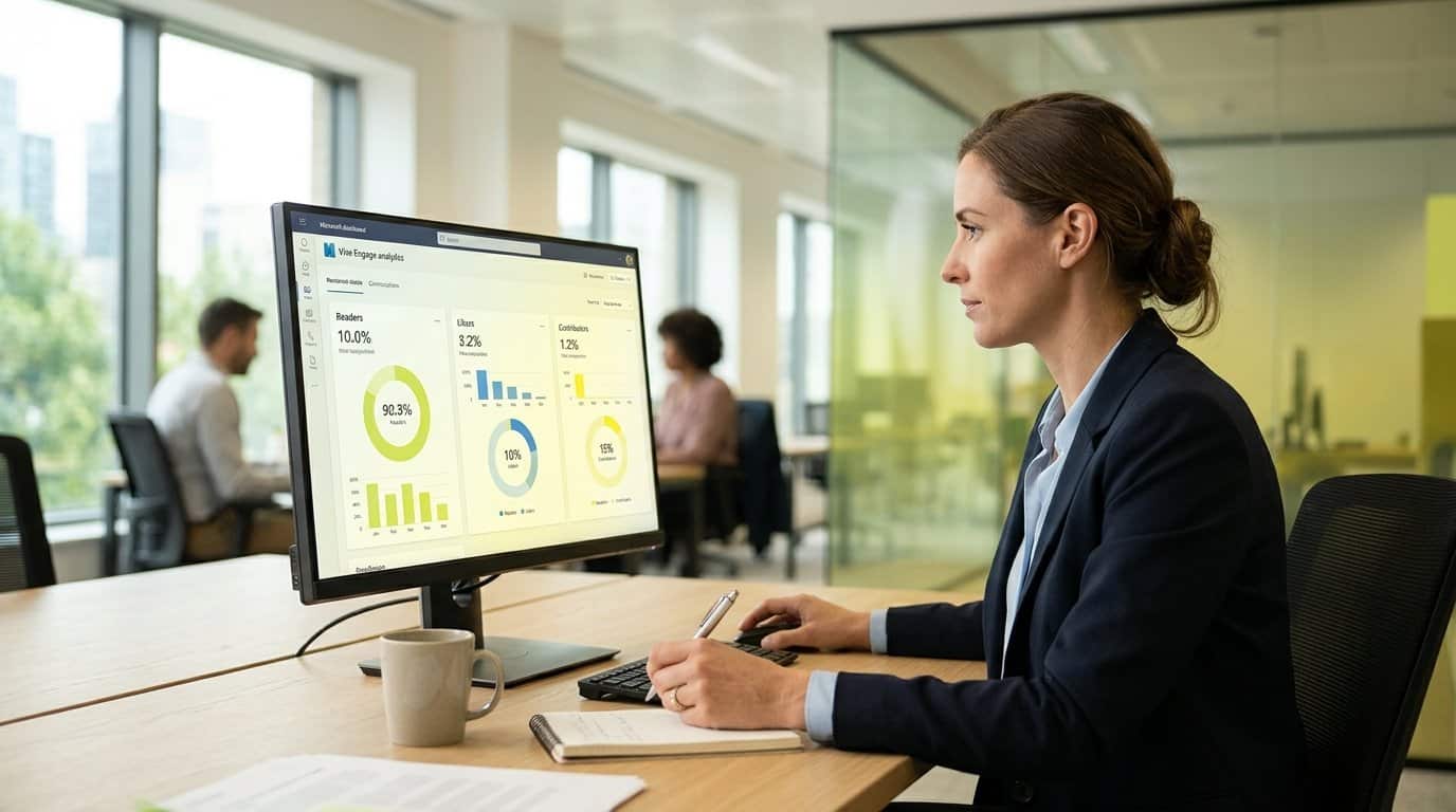 An internal communications manager reviewing a Viva Engage analytics dashboard showing the shares of readers, likers and contributors in her network