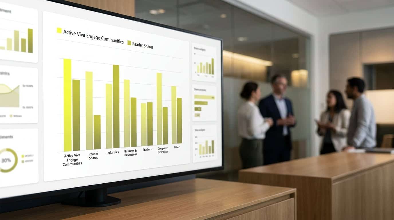 Analytics dashboard showing a bar chart comparing active Viva Engage communities and reader shares across eight industries
