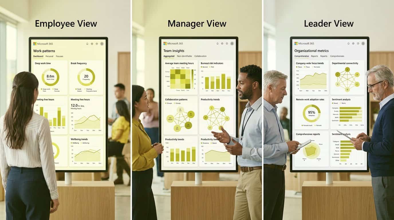 Concept dashboard of Microsoft 365 work-pattern insights showing separate privacy-protected views for employees, managers and leaders